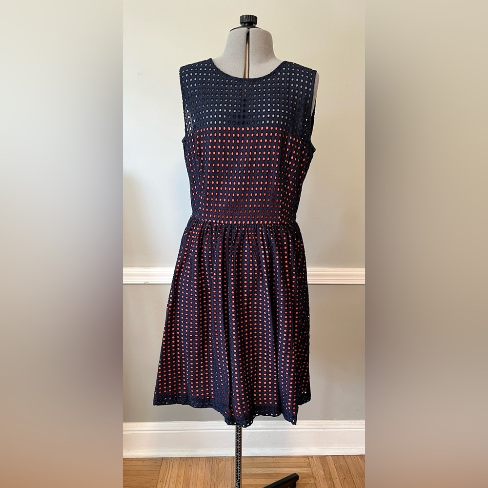 French Connection Navy Eyelet Dress with Coral Underlay Size 10